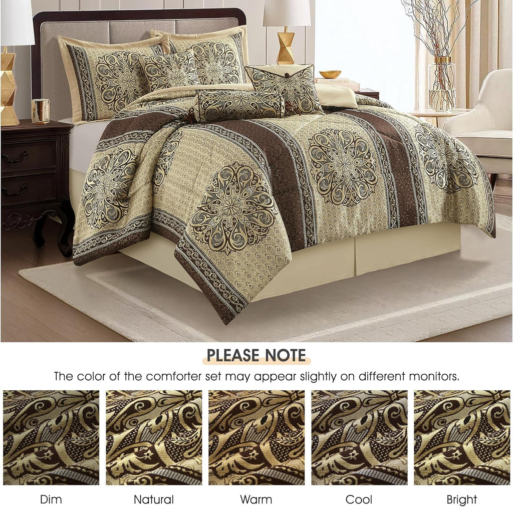 LANCO MODERN LIFESTYLE King Size Comforter Set, Brown Medallion Jacquard Design, Luxurious Bohemian 7 Pieces Bedding Set with Decorative Pillows and Bed Skirt