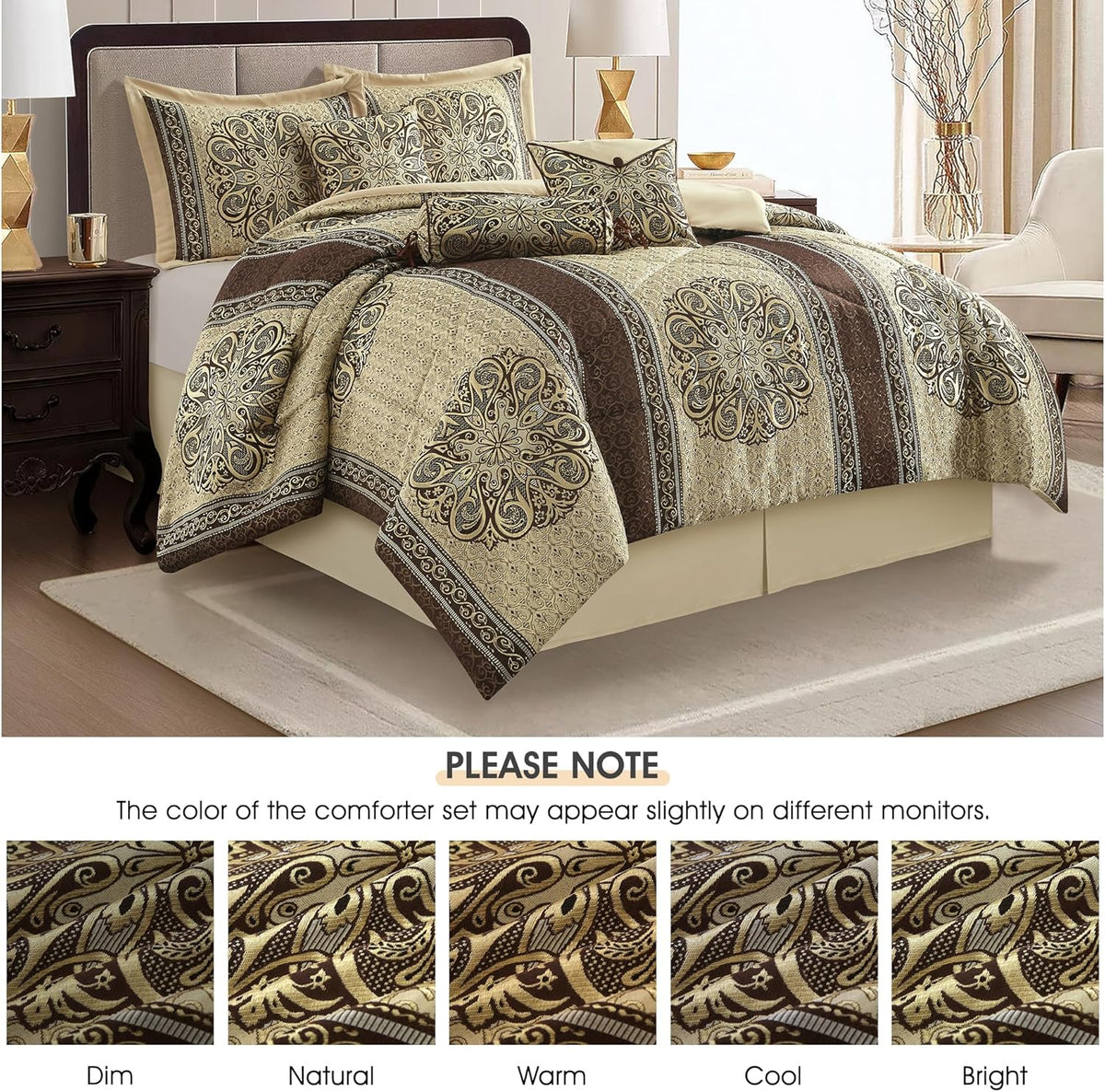 LANCO MODERN LIFESTYLE King Size Comforter Set, Brown Medallion Jacquard Design, Luxurious Bohemian 7 Pieces Bedding Set with Decorative Pillows and Bed Skirt