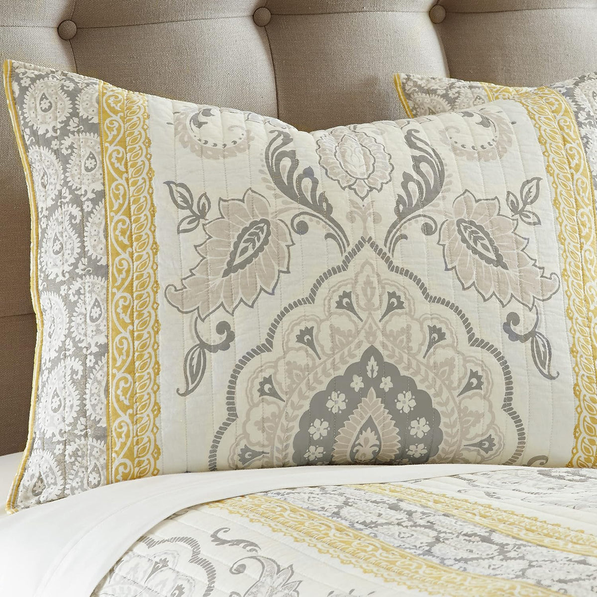 Levtex Home - St. Claire Quilt Set - Twin Quilt + One Standard Pillow Sham - Suzani and Paisleys - Grey and Yellow - Quilt Size (68x86in.) and Pillow Sham Size (26x20in.) - Reversible - Cotton Fabric