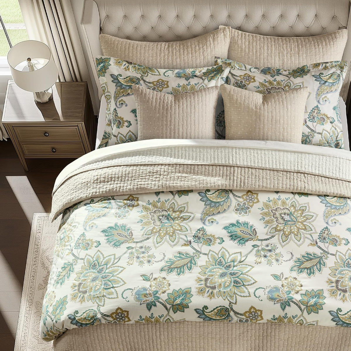 Levtex Home - Grey Palladium Duvet Set - Twin Duvet Cover (68x88in.) + One Standard Pillow Case (26x20in.) - Paisley - Green, Yellow, Grey, Blue and White - Cotton