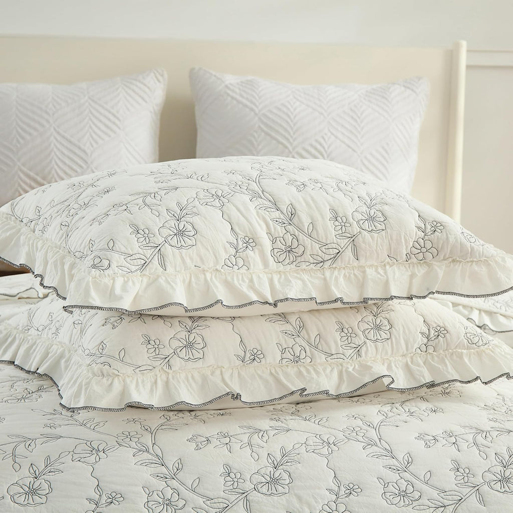 MarCielo 3-Piece 100% Cotton Bedspread Lightweight Quilt Coverlet Embroidery Farmhouse Bedding Set (Floral,Queen (98' X 90'))