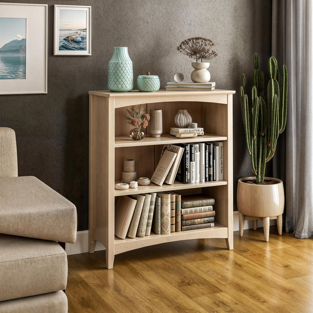 Camaflexi Shaker Style 3 Shelf Bookcase/Solid Wood / 36' High/Adjustable Shelving/Closed Back/Display Bookshelf for Living Room, Bedroom, Home and Office, Light Oak