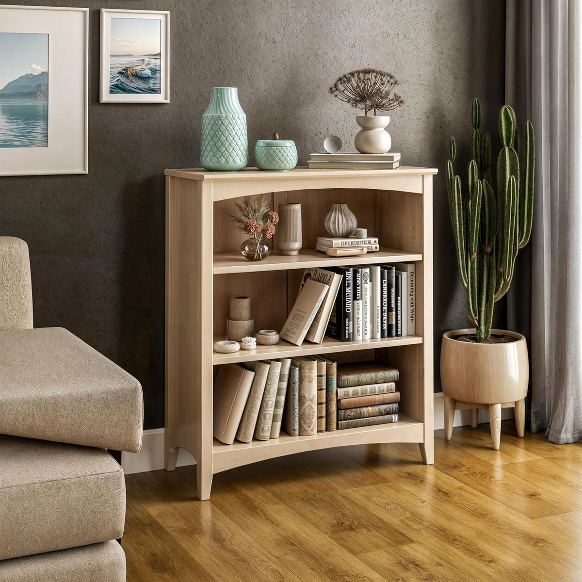 Camaflexi Shaker Style 3 Shelf Bookcase/Solid Wood / 36' High/Adjustable Shelving/Closed Back/Display Bookshelf for Living Room, Bedroom, Home and Office, Light Oak
