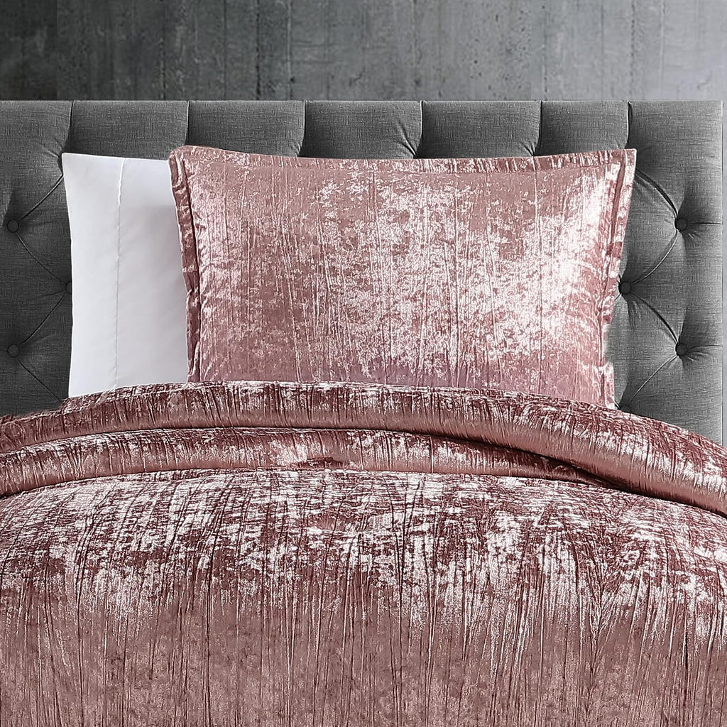 Riverbrook Home Turin Crinkle Velvet Comforter Bedding Set, Twin Size, Glam Textured Décor, Blush, 2 Pieces