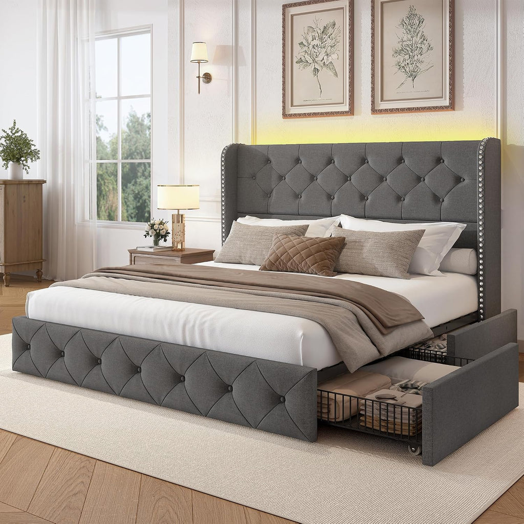 LARMACE Queen Size Bed Frame with LED Lights and 4 Storage Drawers Linen Upholstered Platform Bed Frame with 47.2' Tall Tufted Headboard Wingback, No Box Spring Needed, Easy to Assemble, Grey