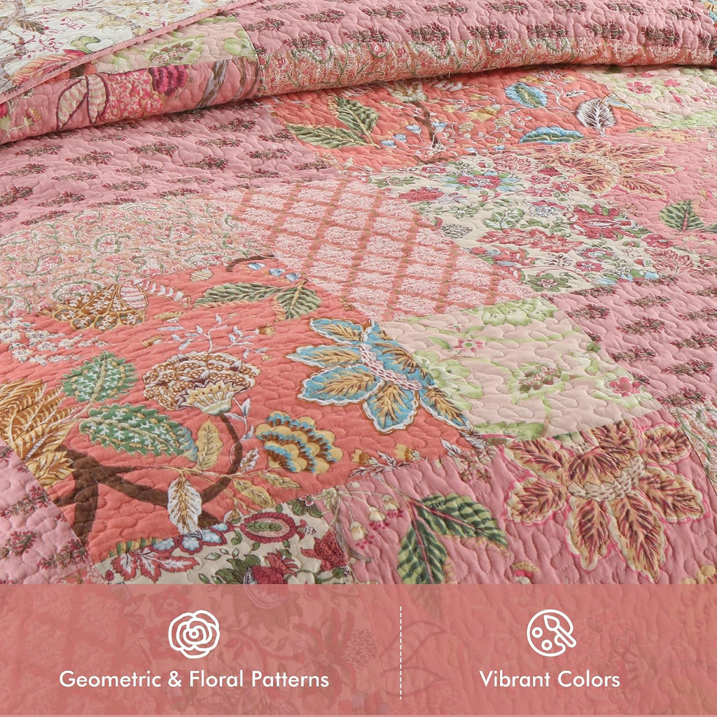 Etwel 100% Cotton Patchwork King Size Quilt Set - Lightweight Breathable Reversible Bedspread for Hot Sleepers, Farmhouse Floral Bedding Set with 2 Pillow Shams for All Season (106'x94', Pink Floral)