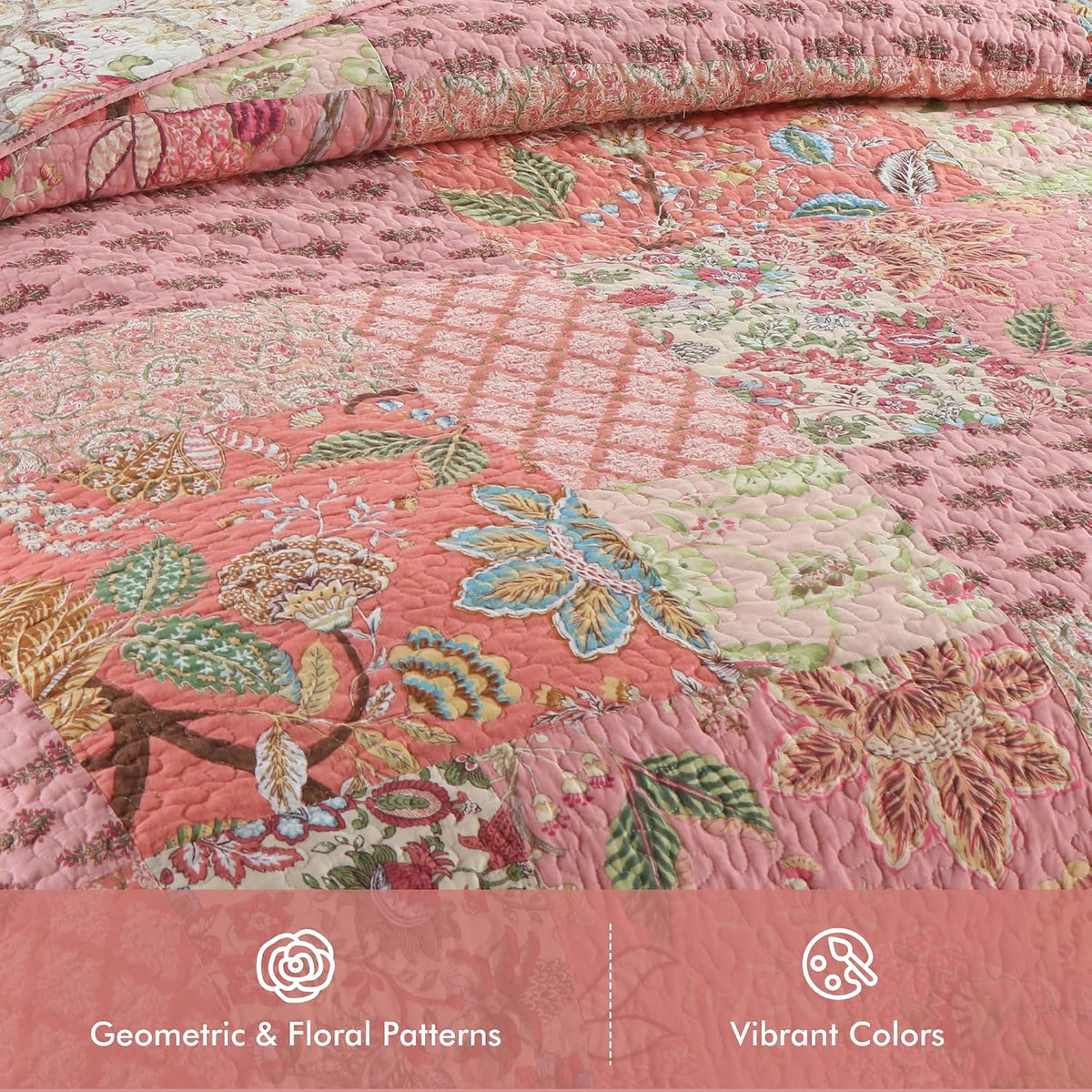 Etwel 100% Cotton Patchwork King Size Quilt Set - Lightweight Breathable Reversible Bedspread for Hot Sleepers, Farmhouse Floral Bedding Set with 2 Pillow Shams for All Season (106'x94', Pink Floral)