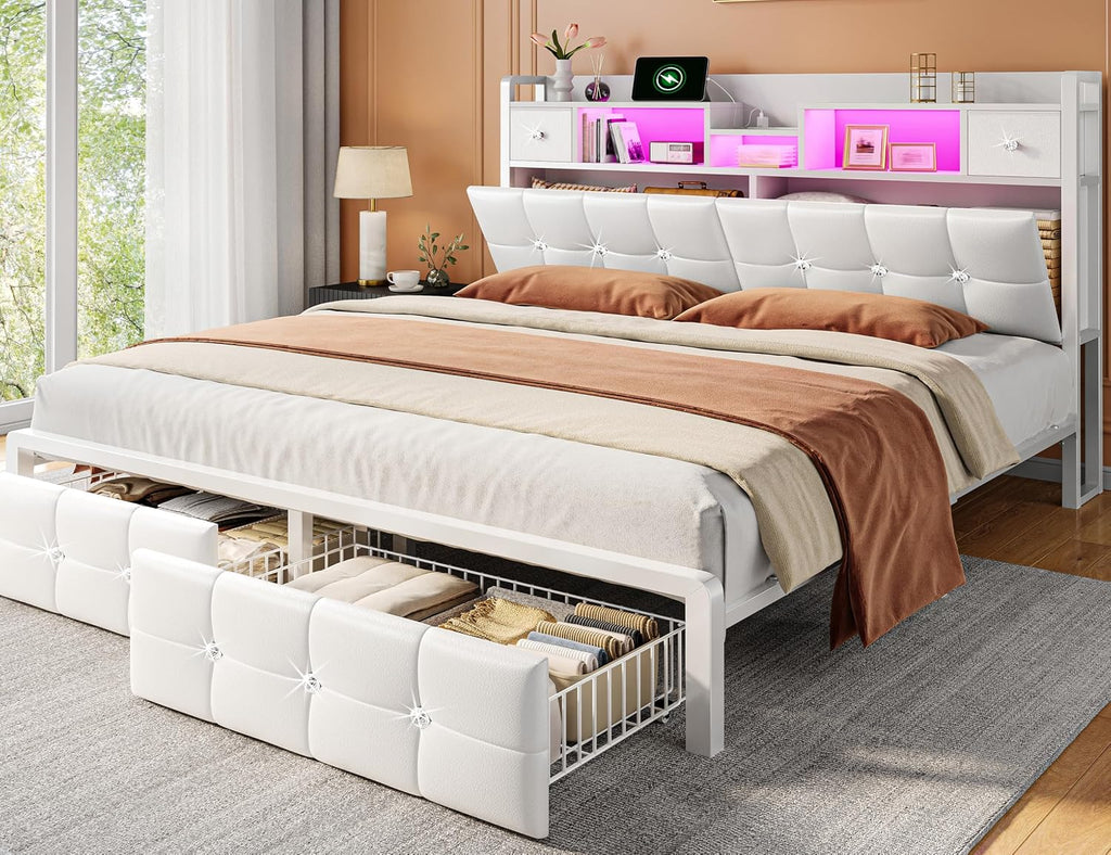 Homkdom Queen Bed Frame with 4 Drawers and Diamond-Tufted Upholstered Storage Headboard,LED Lights & Charging Station,1100 LBS Heavy Duty,No Box Spring Needed,Modern White