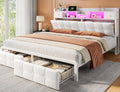 Homkdom Queen Bed Frame with 4 Drawers and Diamond-Tufted Upholstered Storage Headboard,LED Lights & Charging Station,1100 LBS Heavy Duty,No Box Spring Needed,Modern White