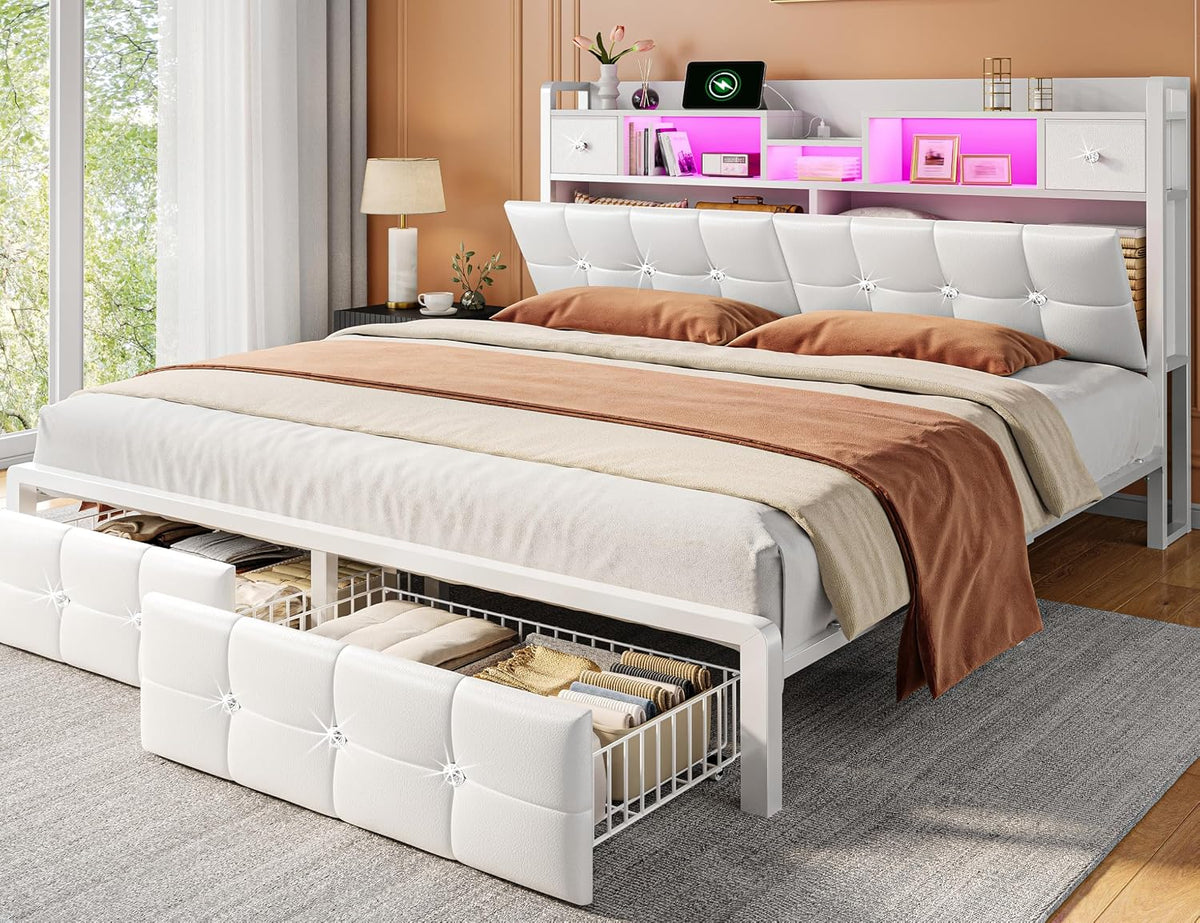 Homkdom Queen Bed Frame with 4 Drawers and Diamond-Tufted Upholstered Storage Headboard,LED Lights & Charging Station,1100 LBS Heavy Duty,No Box Spring Needed,Modern White