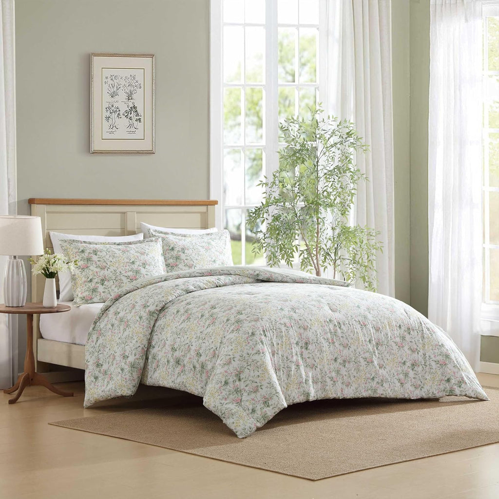 Laura Ashley - Full/Queen Comforter Set, Super Soft Cotton Bedding with Matching Sham, Botanical Design, Vintage Bed Essentials (Bramble Floral Pink, Full/Queen)