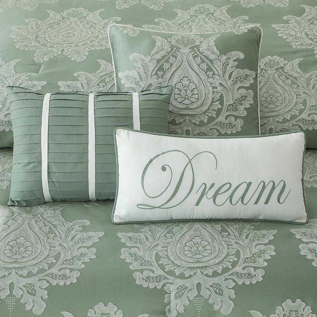 LANCO MODERN LIFESTYLE Sage Queen Comforter Set 7 Pieces, Jacquard Woven with Damask, Bedding Set in a Bag Includes Comforter, Bed Skirt, Pillow Shams, and Decorative Pillows