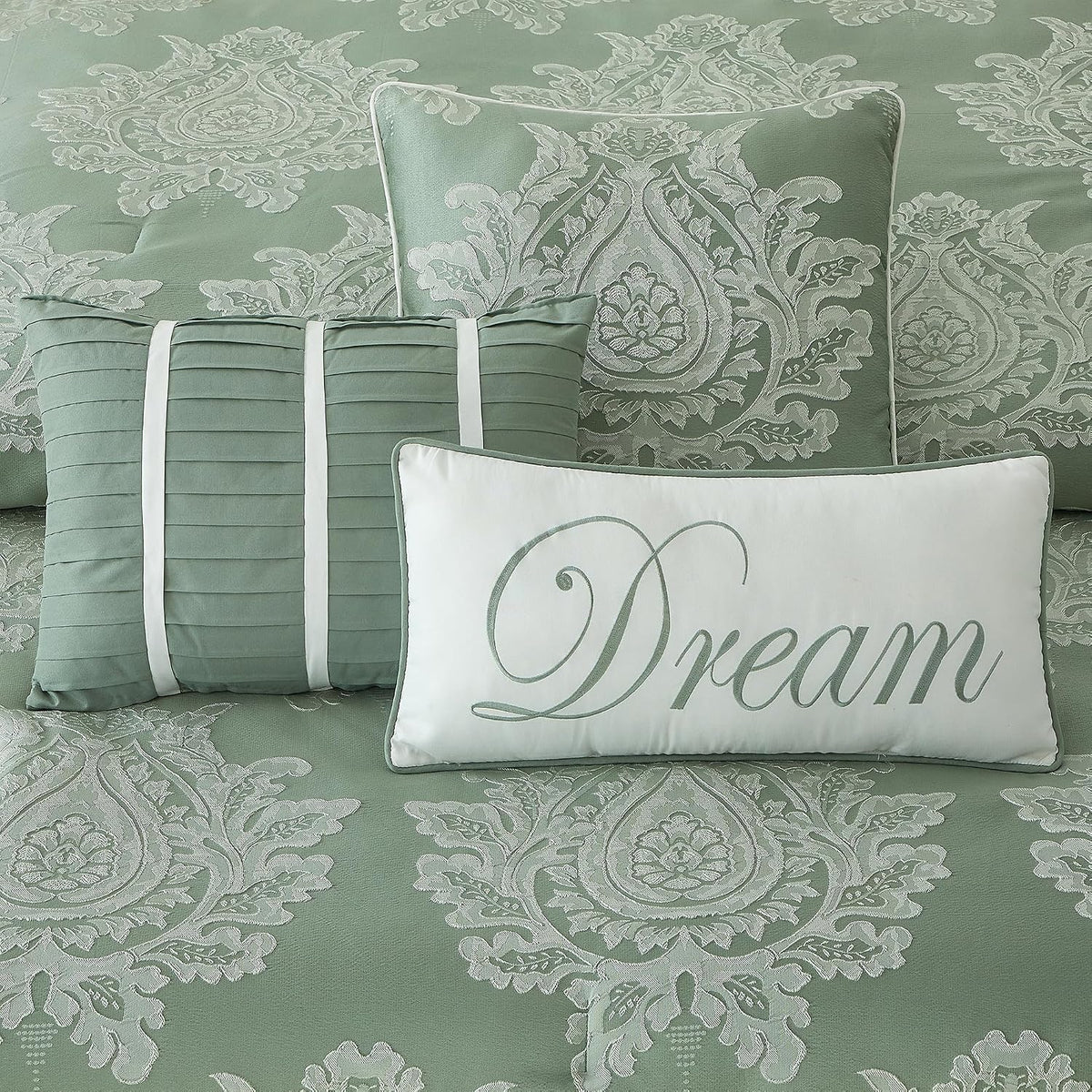 LANCO MODERN LIFESTYLE Sage Queen Comforter Set 7 Pieces, Jacquard Woven with Damask, Bedding Set in a Bag Includes Comforter, Bed Skirt, Pillow Shams, and Decorative Pillows