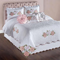 Lovington Floral Luxury Matelasse Bedding | Pink and White Velvet Flower Appliques | 7-Pc Textured Scroll Lightweight Bed Set: Oversized Queen Coverlet, Bedskirt, 2 Standard Shams, & 3 Accent Pillows