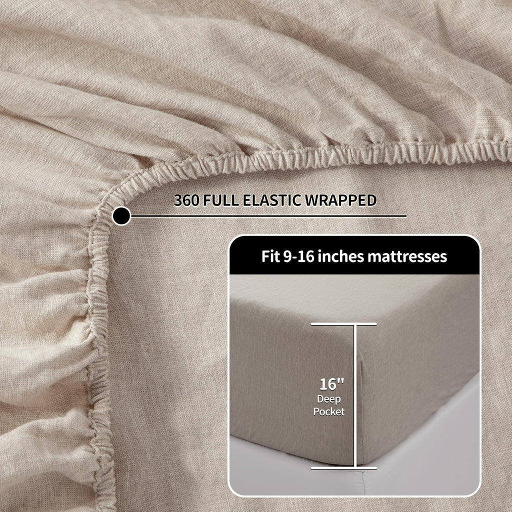 LBRO2M 100% Pure Linen Sheet Set Deep Pocket Up to 16' Bed Sheets Sets, Natural Flax Beddings Soft, Breathable, Comfortable for All Seasons 4 Pcs Sheet Set Queen Size, Linen
