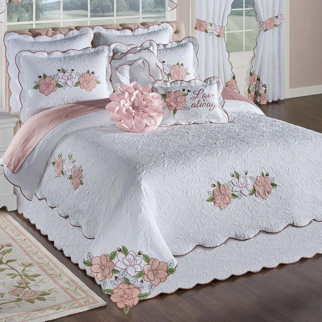 Lovington Floral Luxury Matelasse Bedding | Pink and White Velvet Flower Appliques | 11-Pc Bed Set: Oversized King Coverlet, Bedskirt, 2 King Shams, 2 Euro Shams, 2 Euro Inserts, & 3 Accent Pillows