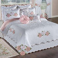 Lovington Floral Luxury Matelasse Bedding | Pink and White Velvet Flower Appliques | 11-Pc Bed Set: Oversize Cal King Coverlet, Bedskirt, 2 King Shams, 2 Euro Shams, 2 Euro Inserts, & 3 Accent Pillows