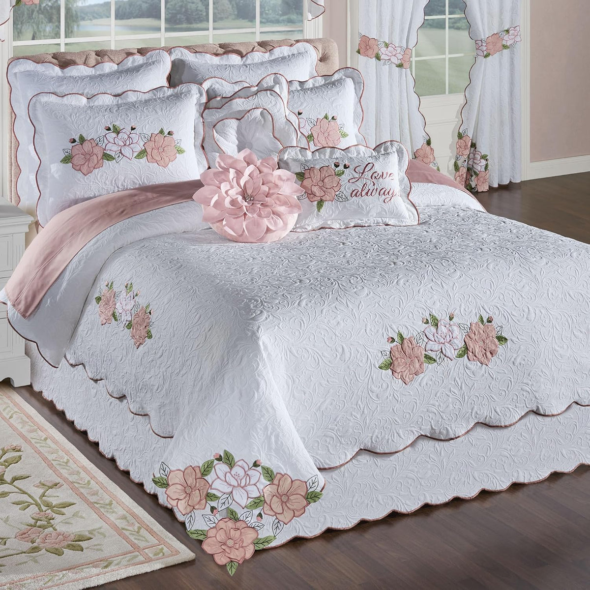 Lovington Floral Luxury Matelasse Bedding | Pink and White Velvet Flower Appliques | 11-Pc Bed Set: Oversize Cal King Coverlet, Bedskirt, 2 King Shams, 2 Euro Shams, 2 Euro Inserts, & 3 Accent Pillows