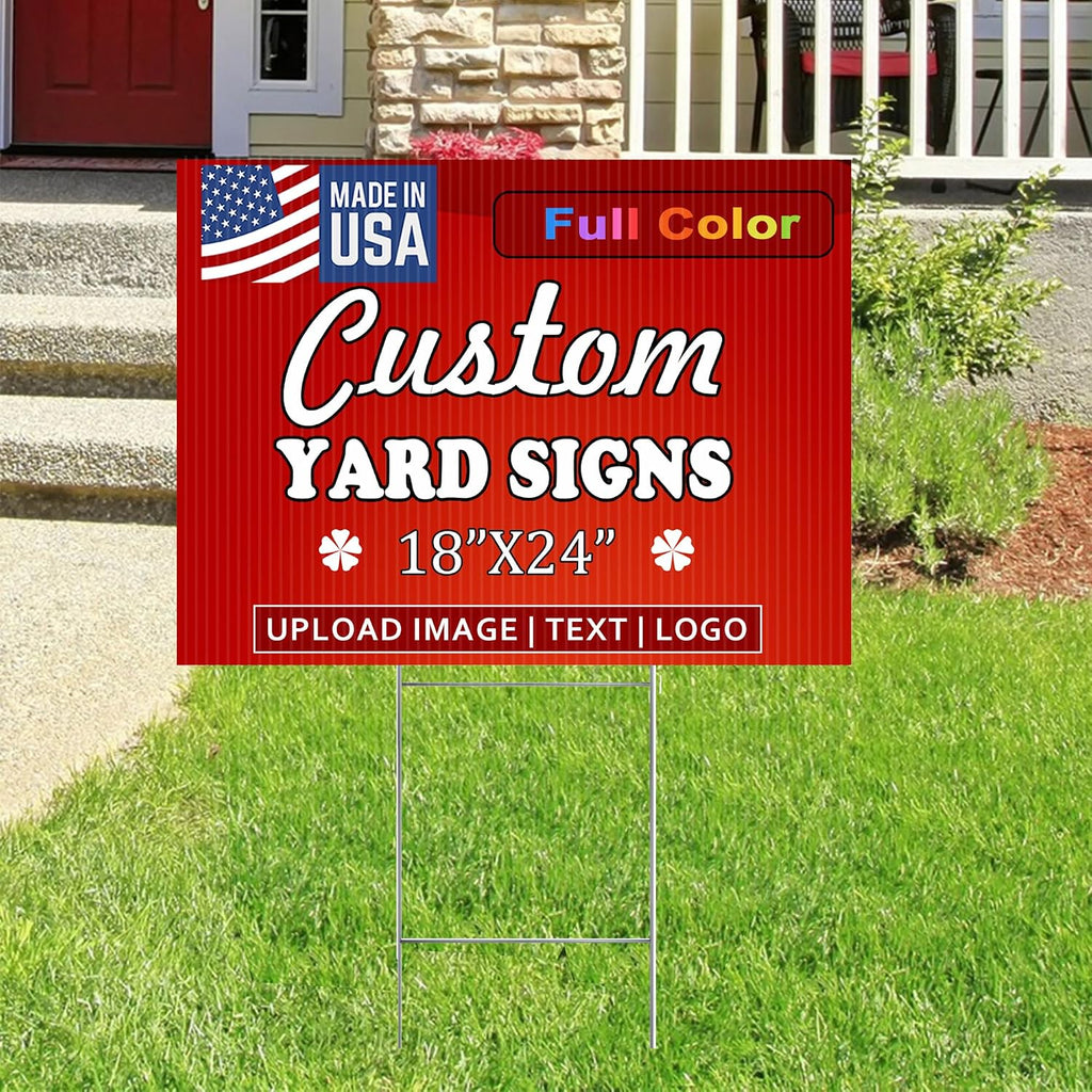 24'X18'Custom Yard Signs |Pack of 20 Double Sided, 4mm Weatherproof Corrugated Plastic, with Metal 'H' Stake,Outdoor Customizable Sign Cutout, Made in USA, Quick Production & Shipping