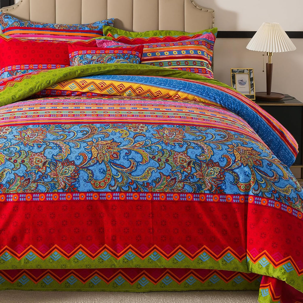 FADFAY Ethnic Boho Duvet Cover Set King/California King 100% Brushed Cotton Soft Bohemian Bedding Paisley Exotic Colorful Printed Bedding Reversible Zipper Bed Comforter Cover + 2 Pillowshams, 3Pcs