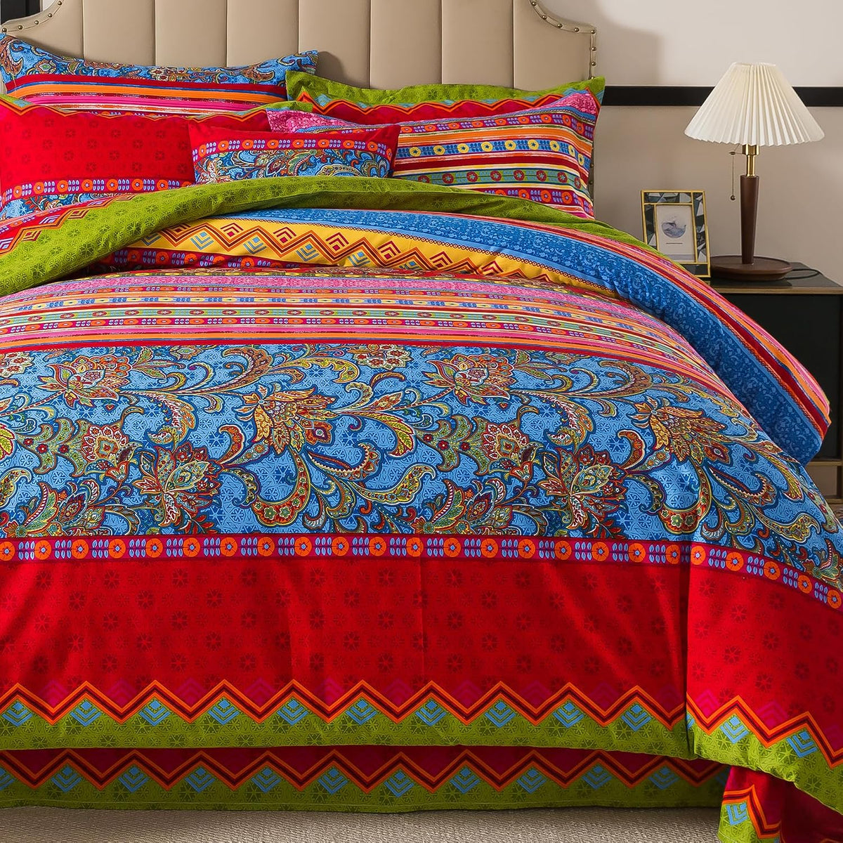 FADFAY Ethnic Boho Duvet Cover Set King/California King 100% Brushed Cotton Soft Bohemian Bedding Paisley Exotic Colorful Printed Bedding Reversible Zipper Bed Comforter Cover + 2 Pillowshams, 3Pcs