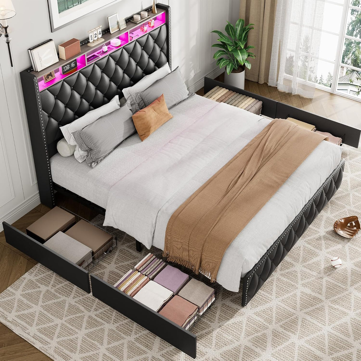 IDEALHOUSE Queen Bed Frame with 50.8' Tall Headboard and 4 Storage Drawers, Platform Leather Upholstered Bed Frame with Charging Station, Led Lights, No Box Spring Needed, Easy Assembly, Black