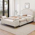 2 Pcs Bedroom Sets King Size Ruched and Button Tufted Velvet Upholstered Bed e with Storage Ottoman Bench, White