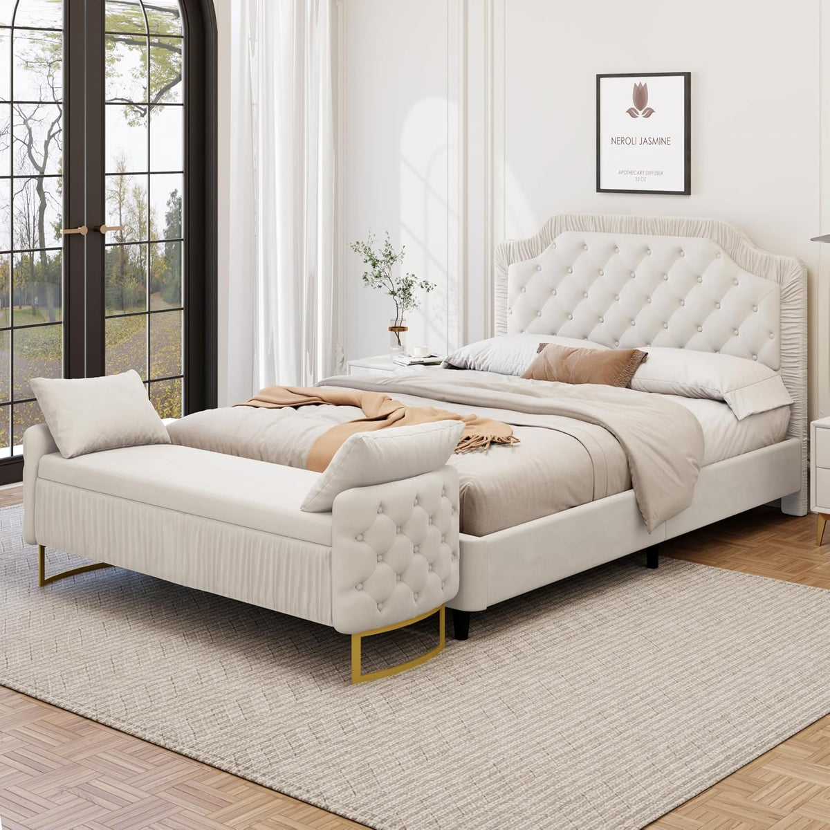 2 Pcs Bedroom Sets King Size Ruched and Button Tufted Velvet Upholstered Bed e with Storage Ottoman Bench, White