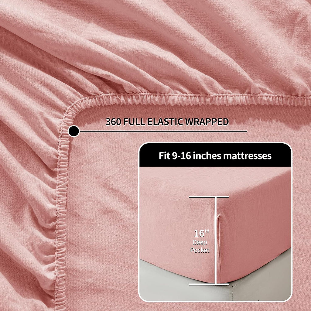 LBRO2M 100% Pure Linen Sheet Set Deep Pocket Up to 16' Bed Sheets Sets, Natural Flax Beddings Soft, Breathable, Comfortable for All Seasons 4 Pcs Sheet Set Queen Size, Blush Pink