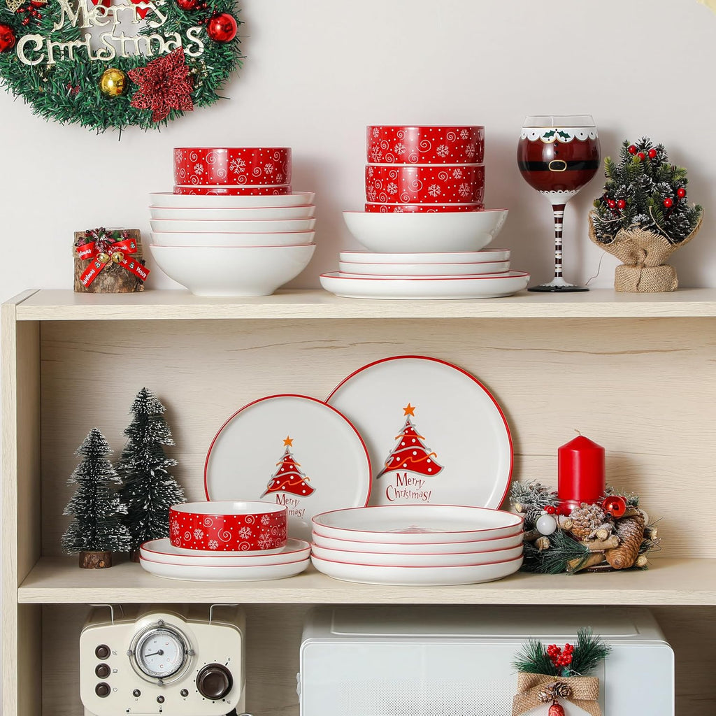 MALACASA Plates and Bowls Sets, 24 Pieces Christmas Porcelain Dinnerware Set for 6, Ceramic Dishware Dishes Kitchen Dining Ware Set, Microwave and Dishwasher Safe, Series LUNA-Christmas Tree