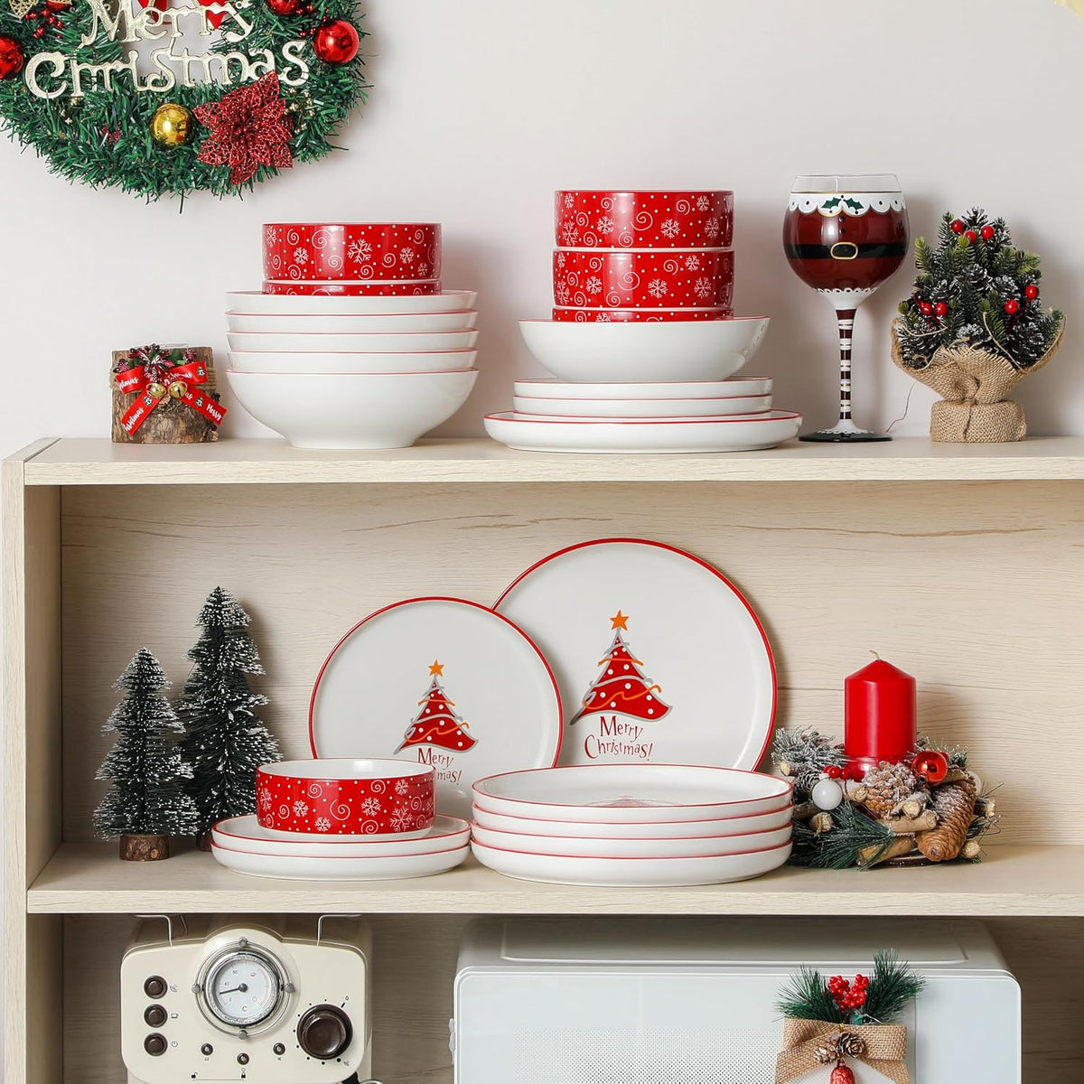 MALACASA Plates and Bowls Sets, 24 Pieces Christmas Porcelain Dinnerware Set for 6, Ceramic Dishware Dishes Kitchen Dining Ware Set, Microwave and Dishwasher Safe, Series LUNA-Christmas Tree
