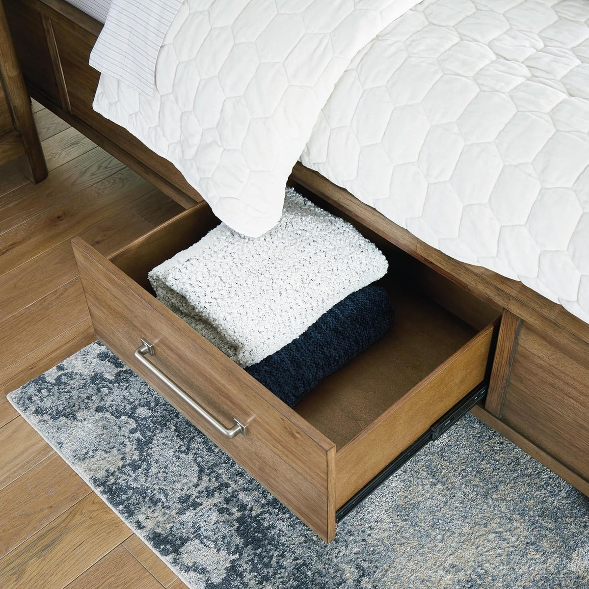 Signature Design by Ashley Cabalynn Modern 4-Drawer King Platform Bed with Storage, Foundation or Box Spring Not Needed, Light Brown