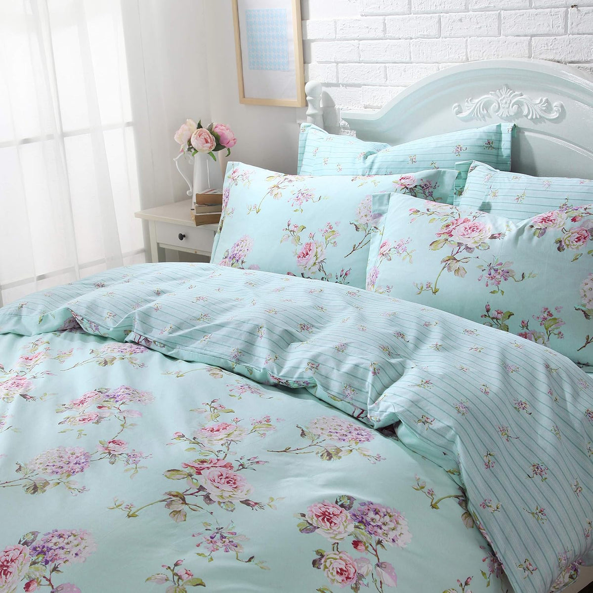 FADFAY Bed in a Bag Set 7-Pieces Shabby Floral Bedding Set King Size Premium 100% Cotton Hydrangea French Country Deep Pocket Sheets Zipper Duvet Cover Pillowcase Set