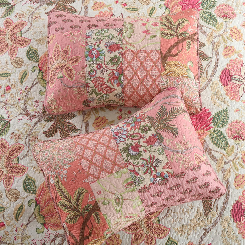 Etwel 100% Cotton Patchwork King Size Quilt Set - Lightweight Breathable Reversible Bedspread for Hot Sleepers, Farmhouse Floral Bedding Set with 2 Pillow Shams for All Season (106'x94', Pink Floral)