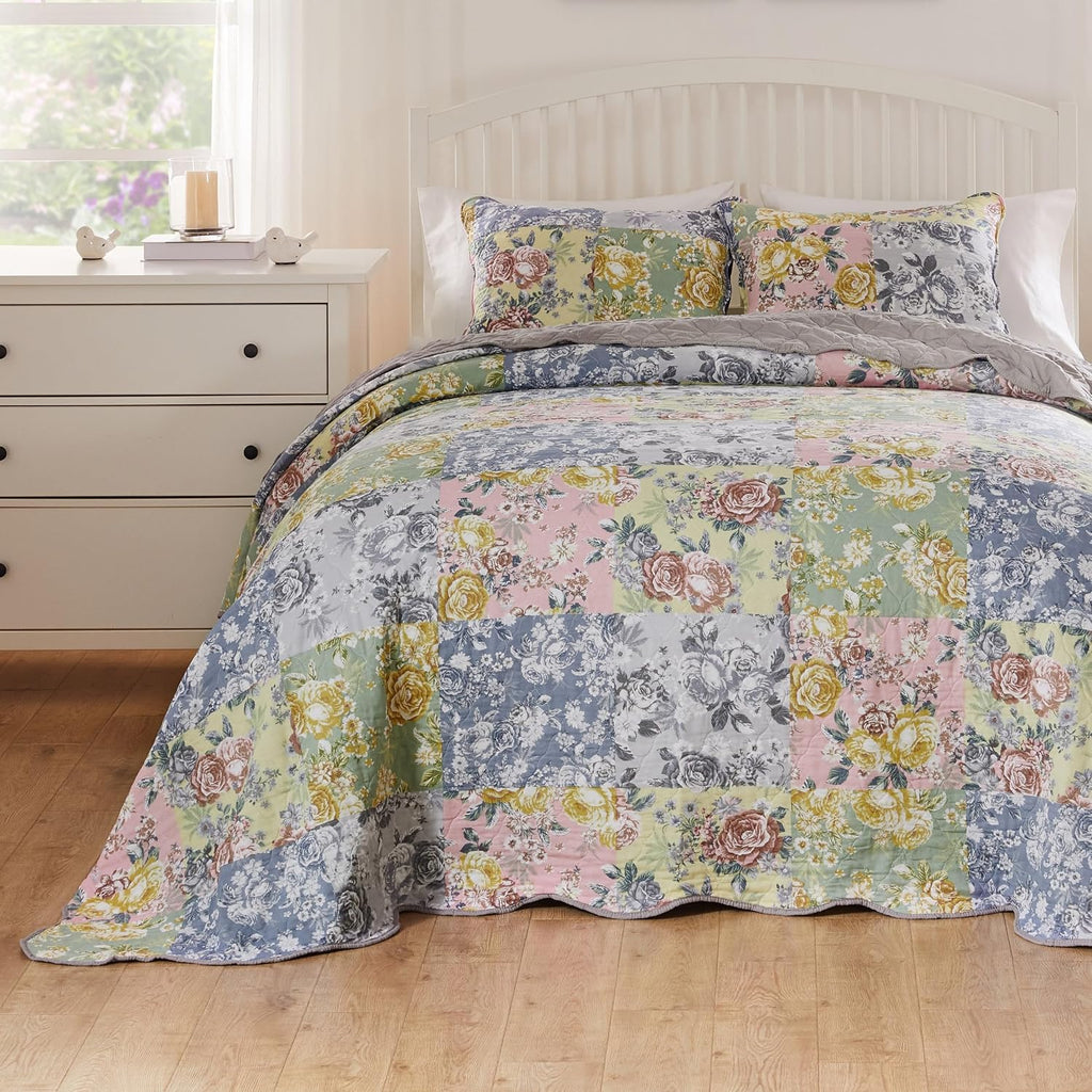 Greenland Home Emma Vintage Style Quilted Bedspread Set, 3-Piece Jumbo Queen, Gray