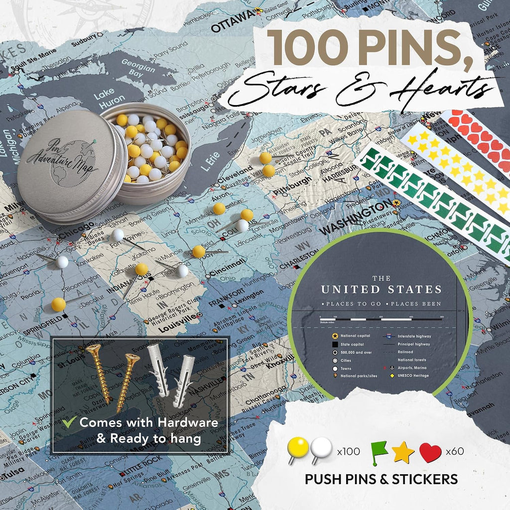 US Travel Map With Push Pins on Canvas - Detailed USA pin map - Large US Wall Map Pin Board - Map of National Parks in United States