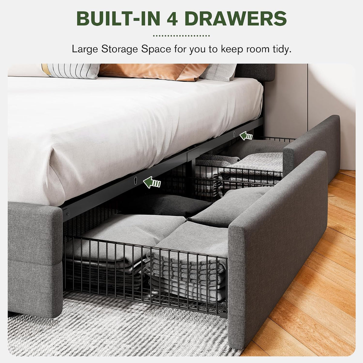 MUTICOR Queen Size Bed Frame with 4 Storage Drawers, Upholstered Platform Bed with Button Tufted Adjustable Headboard, No Box Spring Needed, Easy Assembly, Square Tufted, Light Grey Fabric