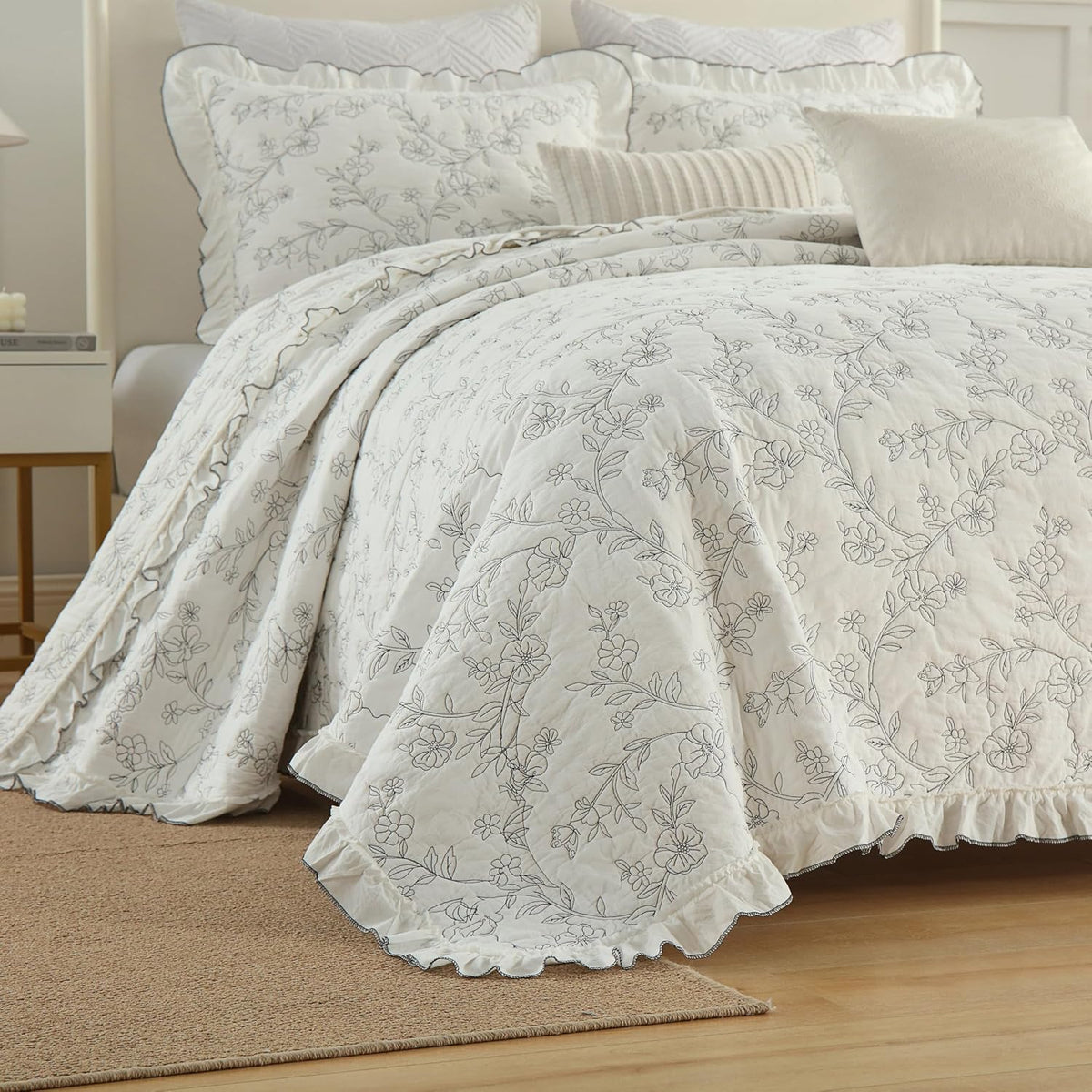 MarCielo 3-Piece 100% Cotton Bedspread Lightweight Quilt Coverlet Embroidery Farmhouse Bedding Set (Floral,Queen (98' X 90'))