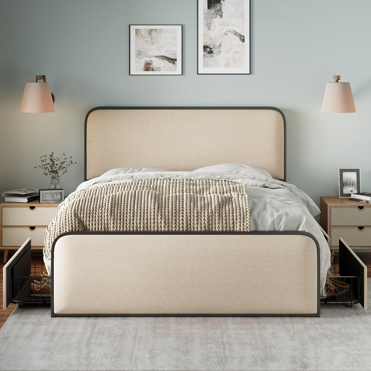 Merax Queen Size Metal Bed Frame with Curved Upholstered Headboard and Footboard, Modern Platfrom Bed & 4 Storage Drawers Under Bed, No Box Spring Needed, Easy Assembly, Beige