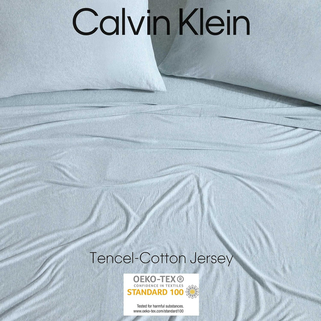 Calvin Klein - Queen Size Sheets Set, Naturally Soft Cotton-Blend Melange Jersey Bedding - Bed Sheets with Matching Pillowcases & Fitted Sheet (Modern Cotton Aqua)