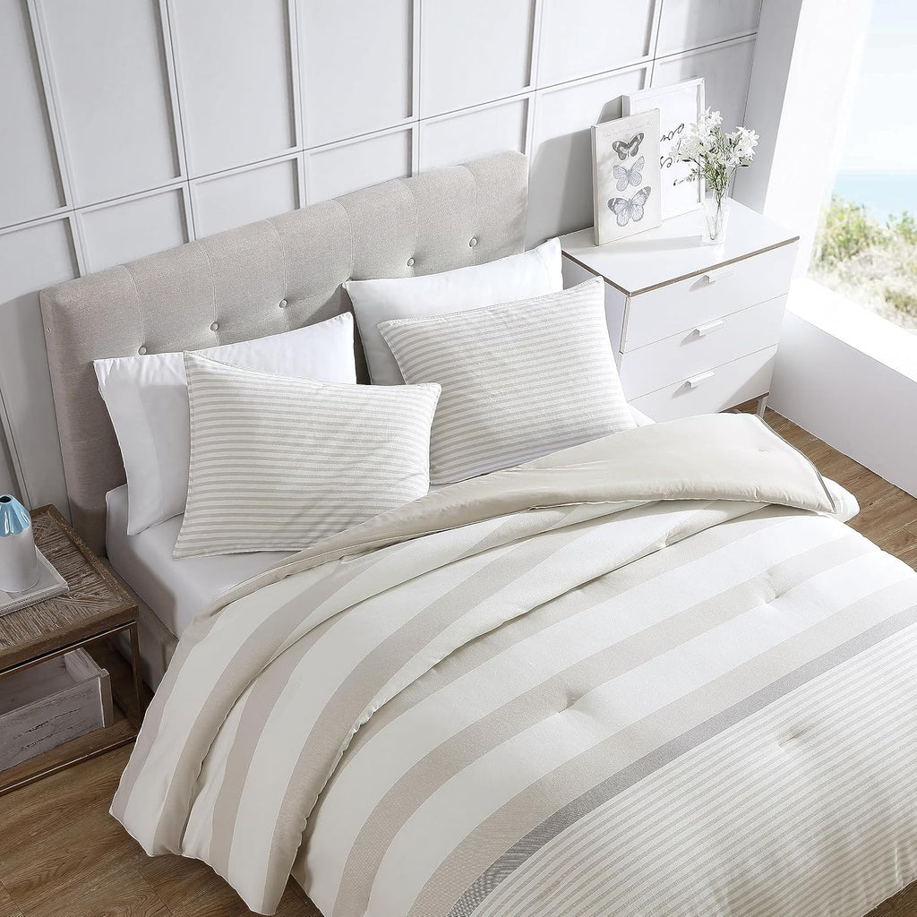 Nautica - Queen Comforter Set, Reversible Cotton Bedding with Matching Shams, Medium-Weight, Oeko-Tex Certified (Saybrook Beige)