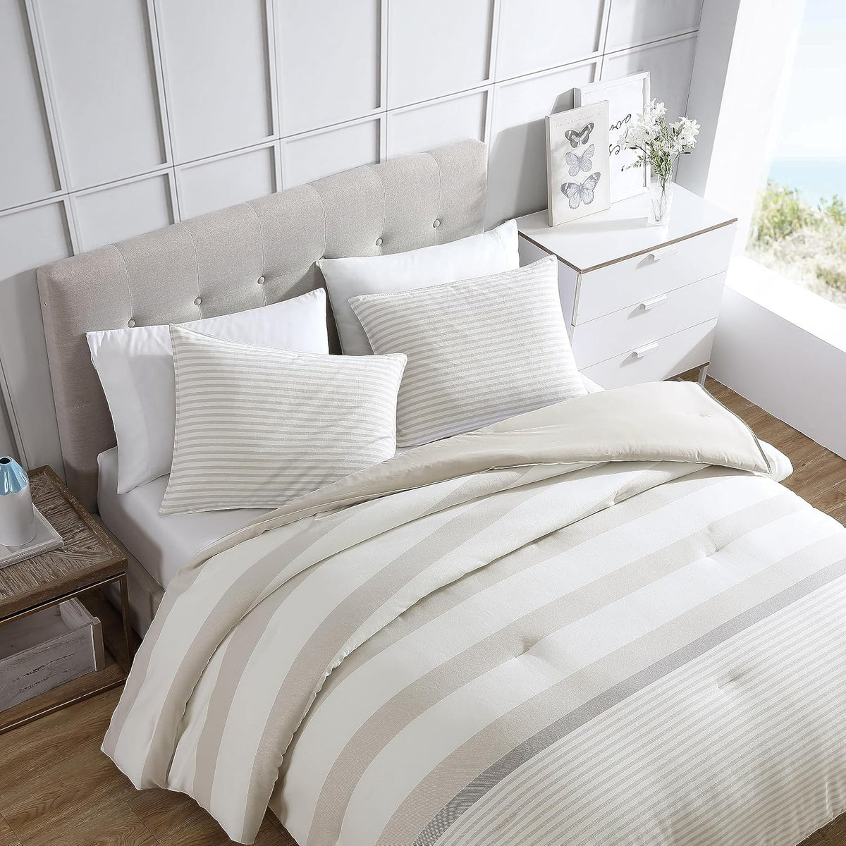 Nautica - Queen Comforter Set, Reversible Cotton Bedding with Matching Shams, Medium-Weight, Oeko-Tex Certified (Saybrook Beige)