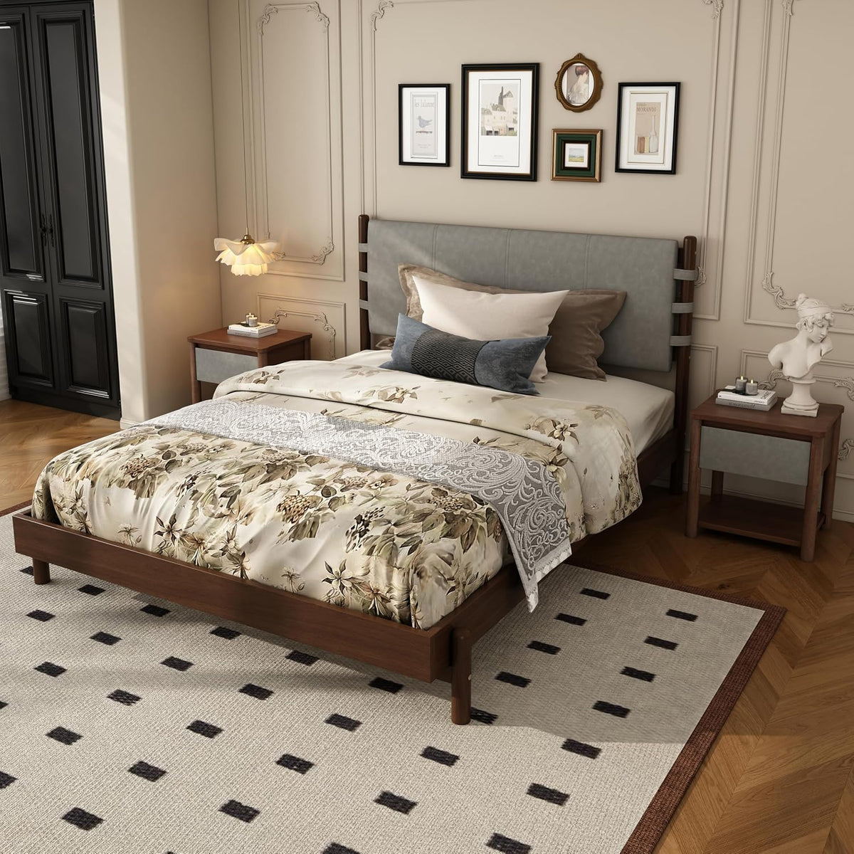 Queen Bedroom Set, Queen Size Platform Bed Frame with 2 Bedside Tables and Headboard Included, Mid Century Modern Wood Bed Frames, Slat Support (Light Gray + Walnut, Queen)