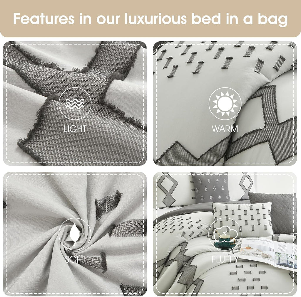 Grand Avenue 7 Piece White Grey Comforter Set, California King Size Clipped Bedding Set, All Season Geometric Bedding, Matching Pillows, Shams, Bed Skirt
