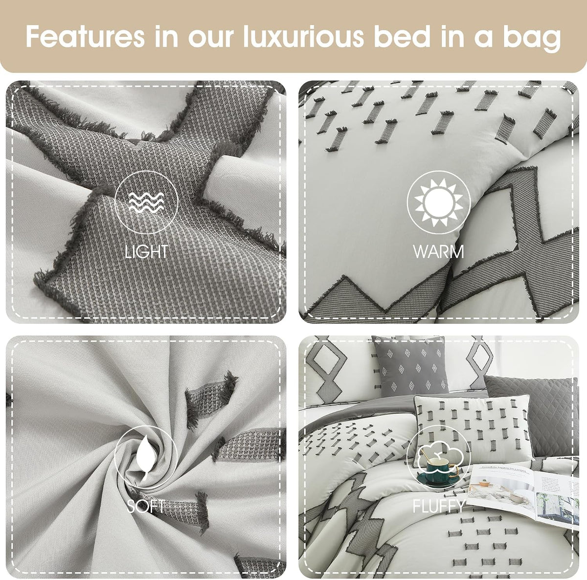 Grand Avenue 7 Piece White Grey Comforter Set, California King Size Clipped Bedding Set, All Season Geometric Bedding, Matching Pillows, Shams, Bed Skirt