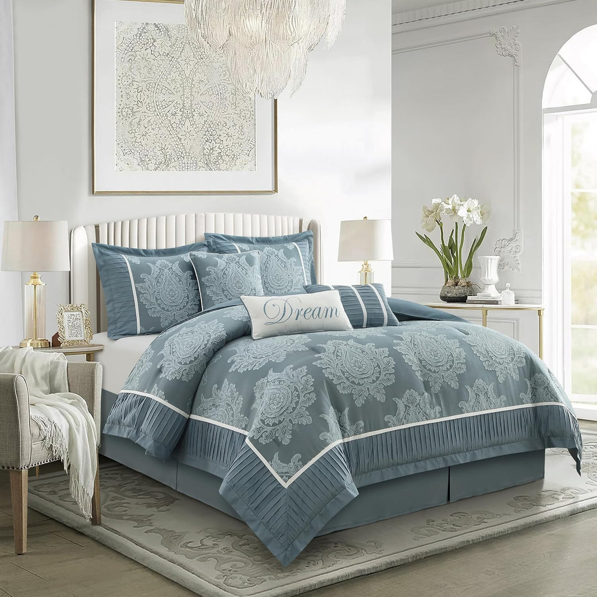 Grand Avenue Blue Damask Patchwork King Size Comforter Set, 7 Piece, Jacquard with Matching Solid Piecework Bedding Set, All Season, Bedskirt, Pillows & Shams