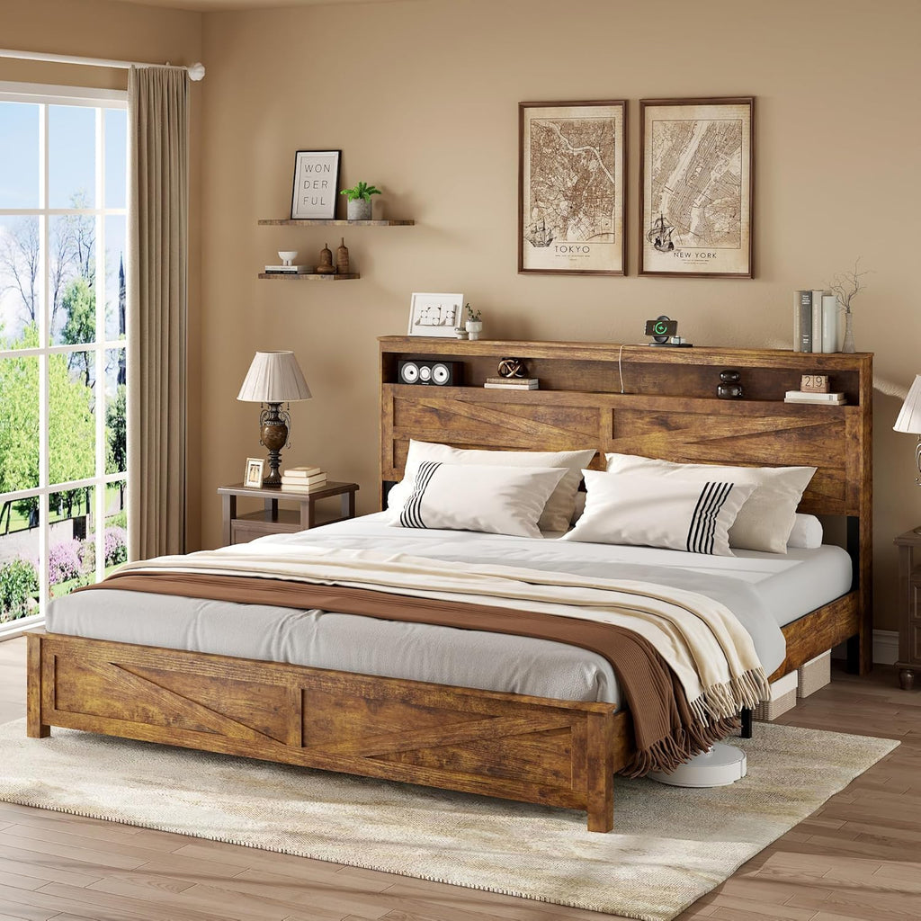 Farmhouse King Size Bed Frame with Headboard Storage Shelf, Wood Platform Bed Frame with LED Lights & Charging Station, Rustic Brown Metal Bed, No Box Spring Needed, Noise-Free Sturdy Structure