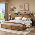 Farmhouse King Size Bed Frame with Headboard Storage Shelf, Wood Platform Bed Frame with LED Lights & Charging Station, Rustic Brown Metal Bed, No Box Spring Needed, Noise-Free Sturdy Structure