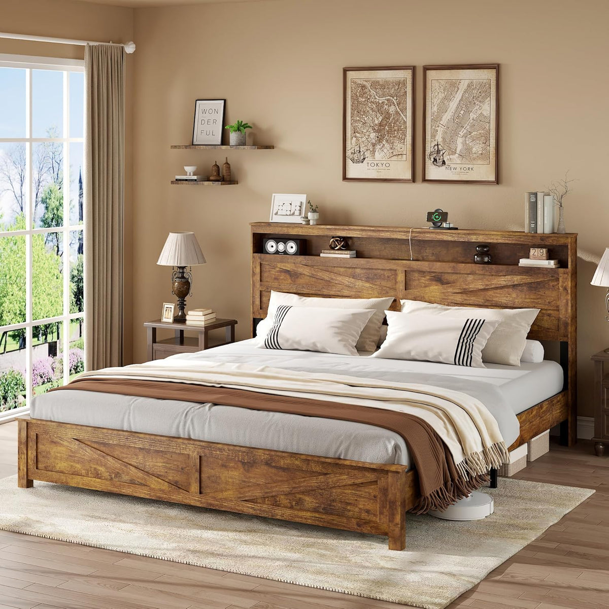 Farmhouse King Size Bed Frame with Headboard Storage Shelf, Wood Platform Bed Frame with LED Lights & Charging Station, Rustic Brown Metal Bed, No Box Spring Needed, Noise-Free Sturdy Structure