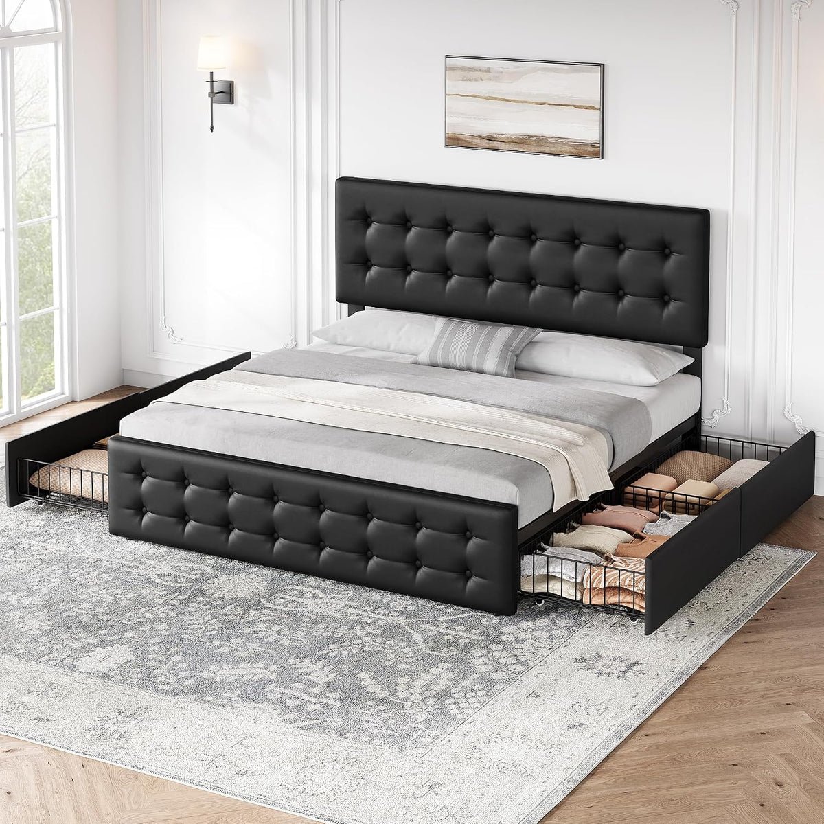 GarveeHome King Size Bed Frame with 4 Storage Drawers and Faux Leather Upholstered Headboard, Wooden Slats Support, Button Tufted Design, No Box Spring Needed, Black